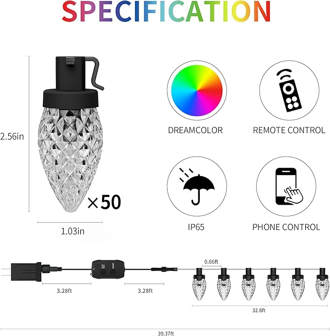 Dynamic C9 Christmas Lights Outdoor, 33Ft 50 LED Smart RGB, APP Remote Controlled, Connectable Waterproof Music Xmas Eaves Decoration