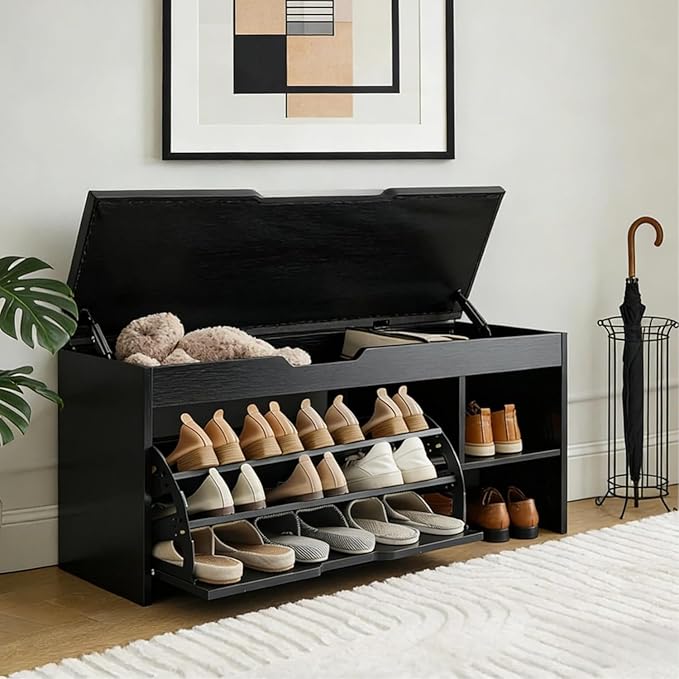 Shoe Storage Bench with a Flip Drawer, Entryway Bench with Removable Cushion, Hallway & Mudroom Organizer with Seat, Front Door Shoe Rack Cabinet, Black