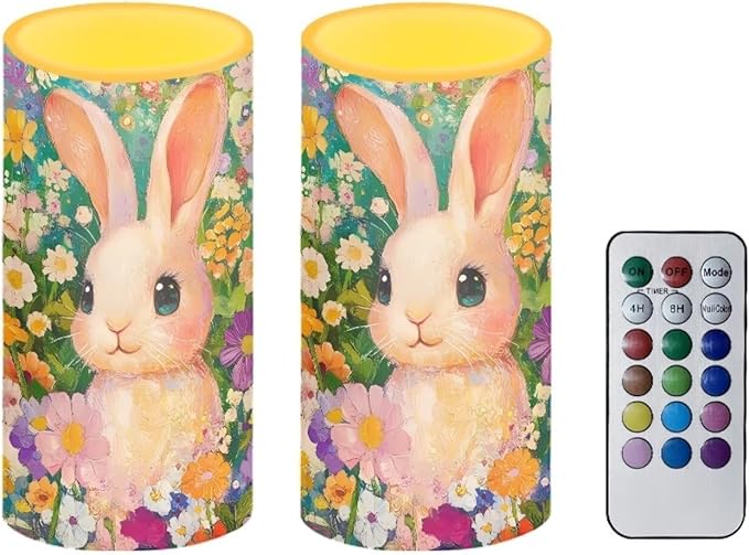 Flameless Candles LED Easter Rabbit Daisy Decorative Candles Battery Operated Ornage Flickering Candles with 18-Key Remote Timer Pillar for Home Living Room Party Table Decorations Green