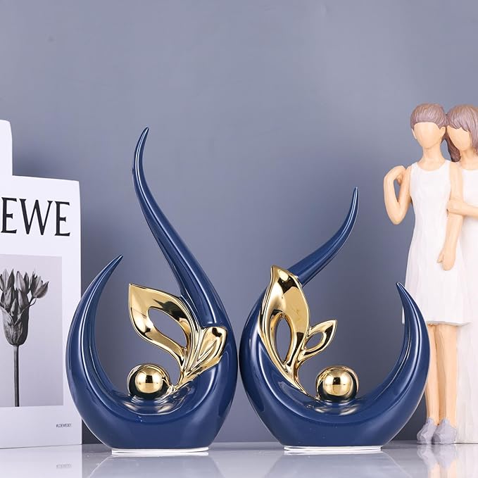 XMGZQ Blue Gold Ceramic Statues for Home Décor Accents,Abstract Art Mid Century Modern Decor,Elegantes Centerpiece Table Decorations,Navy Sculpture for Entryway,Bookshelf,Tv Stand,Mantel,Coffee Table