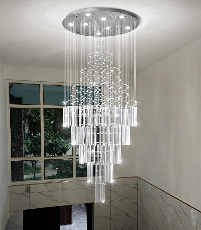 W24 x H78 Crystal Glam Chandelier Long Light Chandeliers with Dimmable Light Bulbs High Ceiling Light Fixtures for Foyer Entryway Living Room Stair Silver