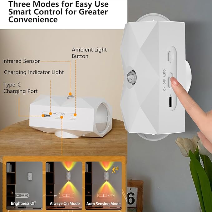 LED Wall Mounted Lights Battery Operated Wall Lamp 2 Pcs with Motion Sensor 1500mAh Rechargeable Wall Lights, Up/Down Lighting Design, Cordless Light for Bedroom Living Room Hallway Decor (white)