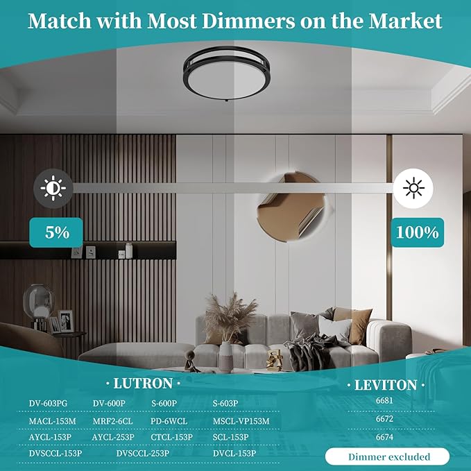 16Inch LED Ceiling Light Fixtures, Flush Mount Light Fixtures 50W, 5CCT Adjustable 2700K 3000K 4000K 5000K 6500K, Close to Ceiling Light for Kitchen Hallway Bathroom Kitchen Bedroom Black 2 Packs