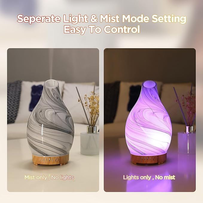 Essential Oil Diffuser, Art Glass Ultrasonic Aromatherapy Diffuser for Home 160ml with Intermittent Mist & LED 7 Colorful Changing Night Light for Bedroom-Ink Dyeing Time