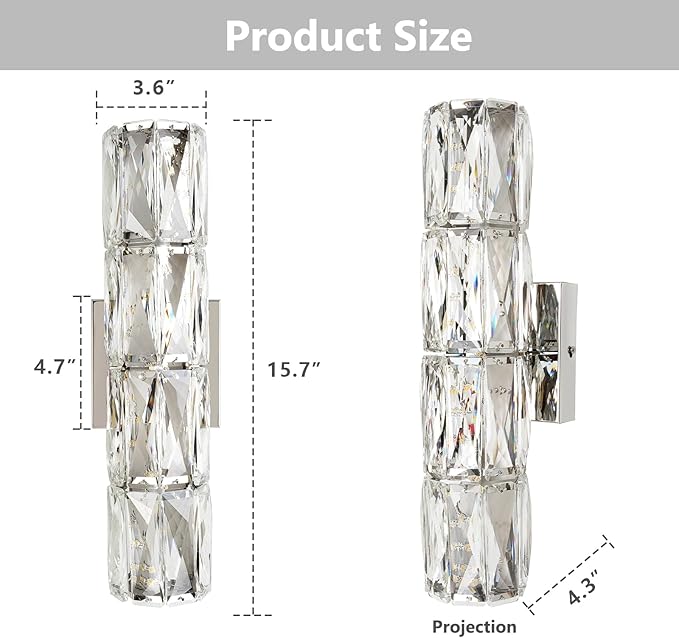Modern Crystal Wall Sconces in Chrome Finish, LED Crystal Wall Light Fixtures with Remote, Luxury Vanity Wall Lamp Indoor for Bedroom Living Room Hallway Stairway Bedside, 3000K-6000K Dimmable