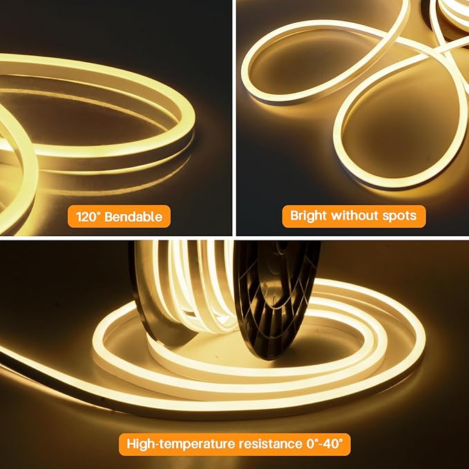 SURNIE 50ft/15m LED Neon Rope Lights - Commercial Neon Strip Light Outdoor Waterproof - 110V Flex Warm White Neon Lights Connectable DIY Strips Lighting for Indoor Outdoor Decor