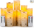 Flameless Flickering LED Candles with Birch Bark Effect - Set of 9 Battery-Operated Real Wax Pillar with 10-Key Remote Control - 2/4/6/8 Hour Timer