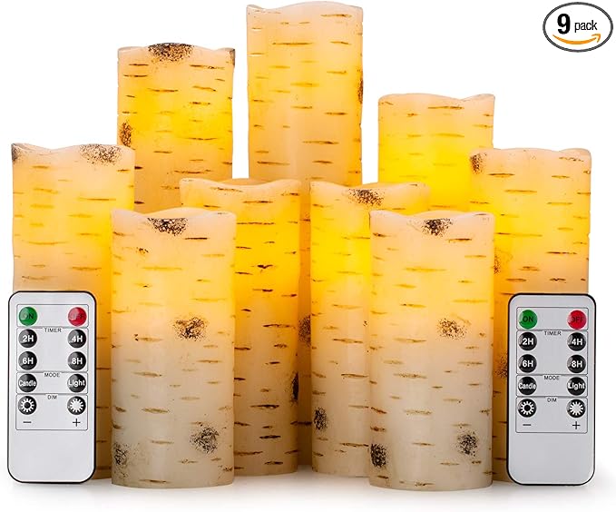 Flameless Flickering LED Candles with Birch Bark Effect - Set of 9 Battery-Operated Real Wax Pillar with 10-Key Remote Control - 2/4/6/8 Hour Timer