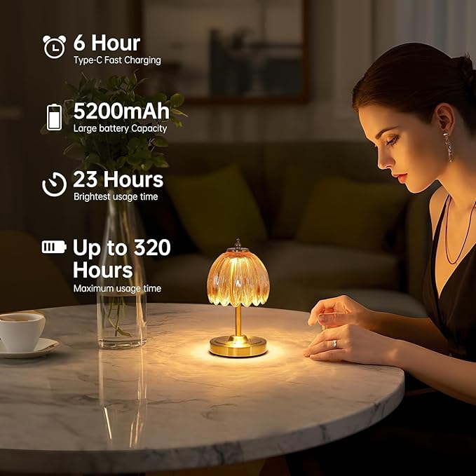 Set of 2 Tulip Table Lamp with 5200mAh Battery & Touch Control, Cordless Small Table Lamp with 3 Colors, Rechargeable Battery Operated Table Lamps for Nightstand, Bedroom (Amber Tulip)
