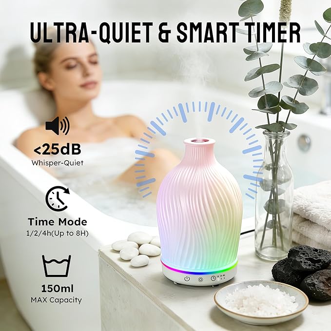 Essential Oil Diffuser 150ml, Resin Material Aromatherapy Diffuser with 1/2/4H Timer, 7 Color Lights, Auto Shut-Off, Whisper-Quiet Ultrasonic Humidifier for Home Bedroom Office (White)