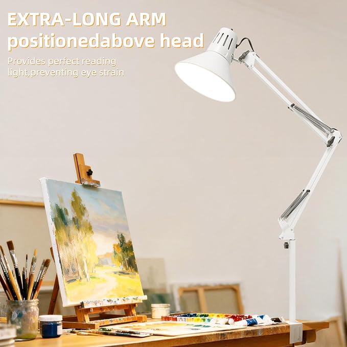 Desk Lamp With Clamp for Home Office, Eye-Caring Clip on Light with Adjustable Extra Tall Metal Swing Arm, High Intensity Clamp Lamp w/LED Bulb, Architect Task Table Lamps for Study, Workbench-W/5000k