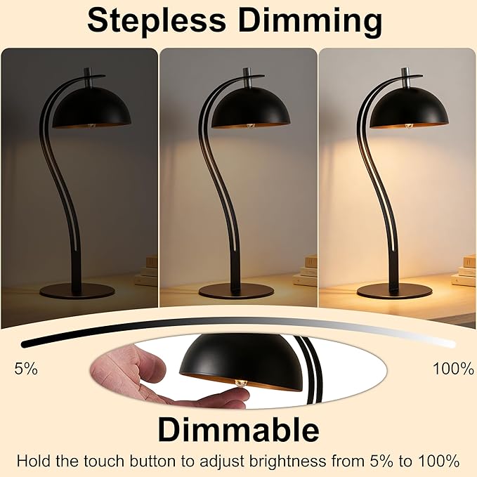 Cordless Table Lamp,Rechargeable LED Reading Light with 3 Colors,Touch Dimmable Night Light,Portable Small Bedside Lamps,Aesthetic Lamp for Bedroom Living Room Office Desk Decor (Black)