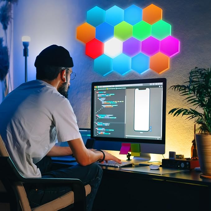 VIHOSE 24 Pcs Hexagon Touch Lights Smart LED Hexagon Wall Lights with Remote 13 Colors Sensitive DIY Modular Assembled RGB Wall Panels Light with USB-power for Autism Gift Game Party Decor