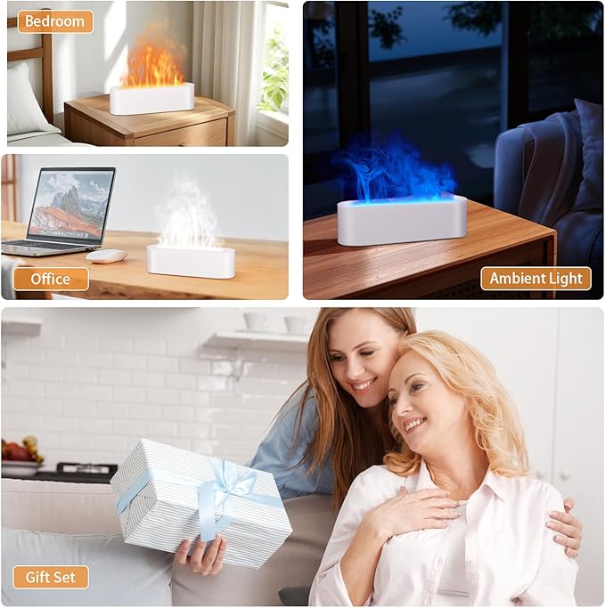 Essential Oil Diffuser, 180ml Flame Aroma Diffuser Humidifier, Ultrasonic Fireplace Aromatherapy Diffuser with 7-Color LED Light, Timer, Auto-Off for Bedroom Home & Room Decor(White)
