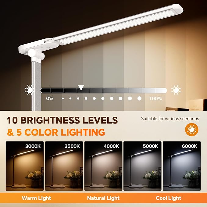 Desk Lamps for Home Office, Dimmable LED Desk Lamp, 5 Color Modes, 10 Brightness, Touch Desk Light with USB Charging Port for Nail Craft Puzzle Sewing Study - White