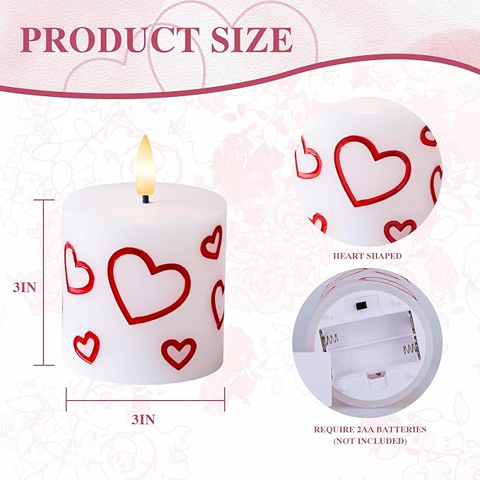 Valentine Day Flameless Pillar Candles with Remote, Real Wax Battery Operated Candles, 3 Pack Flickering LED Heart Candle for Proposal Wedding Anniversary Romantic Night