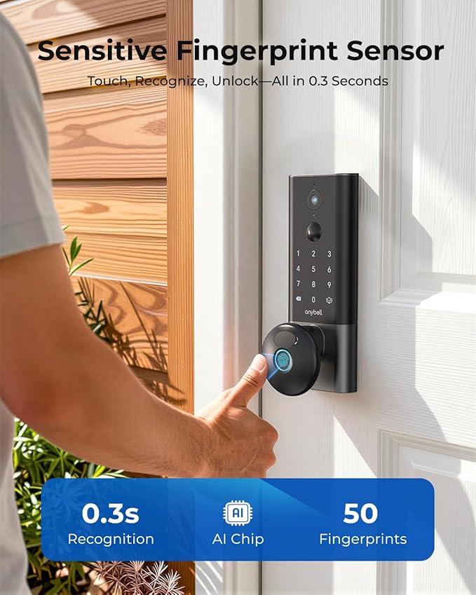 Fingerprint Smart Door Lock, ANYBELL Keyless Entry Door Lock with Camera, Built-in Wi-Fi Deadbolt for Front Door, Auto Lock, Cloudege App Control, Night Vision & Two-Way Audio, Home Security