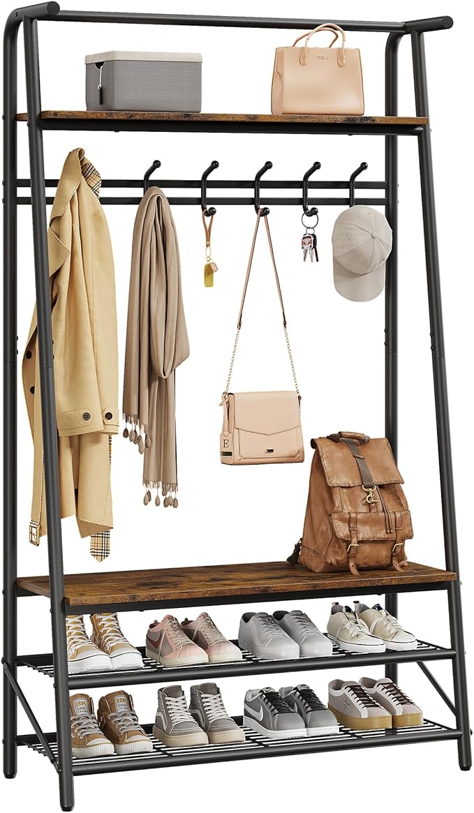 Coat Rack, Floorstanding Hall Tree with Shoe Rack, Wooden and Metal Coat Stand, Industrial Clothes Rack, for Hallway, Living Room, Bedroom, 39.4''x14''x72.5'', Rustic Brown