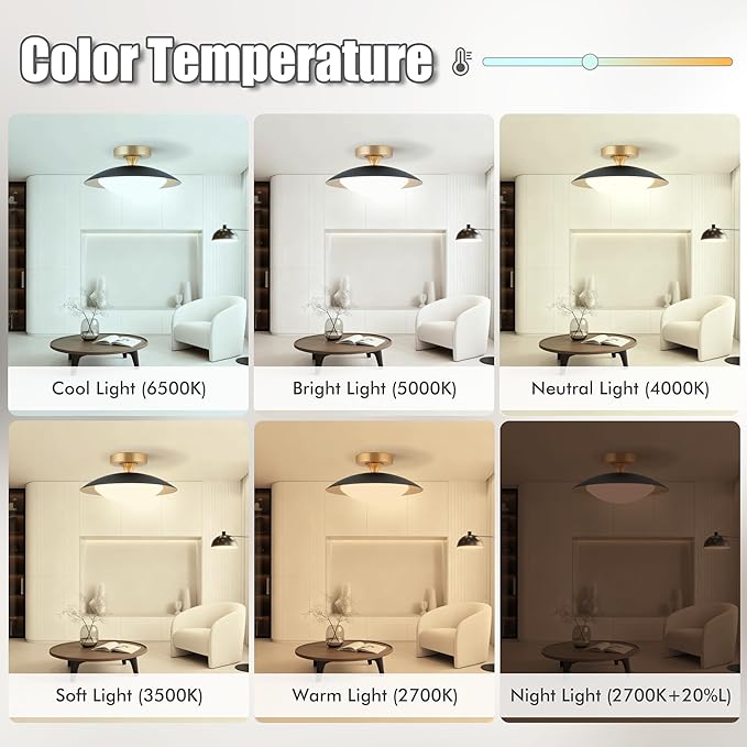 FTL Modern LED Flush Mount Ceiling Light with Remote Dimmable 5CCT 2700K-6500K Mid Century Black Semi Flush Mount Ceiling Lights 11.8in Close to Ceiling Light Fixture for Kitchen Hallway Laundry Room
