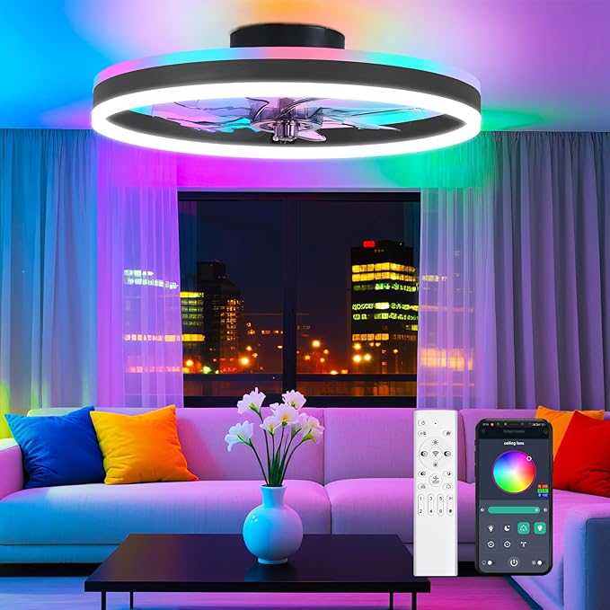 RGB Ceiling Fans with Lights, 19.7" Smart Low Profile Ceiling Fan, Modern Flush Mount Fandelier Light with Remote/APP Control, Dimmable Led Ceiling Fan Light for Living Room, Bedroom, Indoor