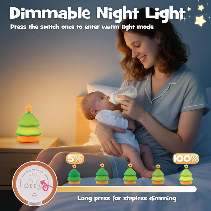 Squishy Christmas Tree Night Light with RGB Modes Dimmable Nursery Breastfeeding Nightlight Hangable Cute Christmas Lamp Novelty Rechargeable Silicone Touch Bedside Lamp for Bedroom Dorm Decor