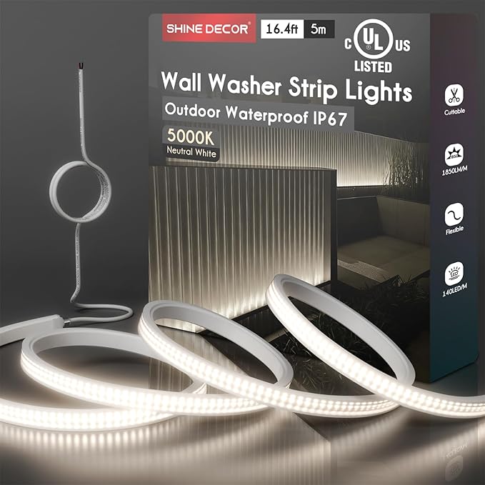 Shine Decor 24V LED Wall Washer Light Strip 16.4 FT, UL Listed IP67 Waterproof Linear Wall Grazer, 5000K Daylight White for Outdoor Commercial Lighting, Buildings, Church Illumination, Hardwired