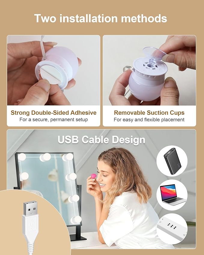 12 Bulbs LED Vanity Lights for Mirror, 3000K 4000K 6500K & 10-Brightness, Wire Length Adjustable, USB Cable, Hollywood Mirror Lights for Makeup Dressing Room Bathroom, White