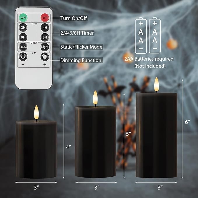 Black Flameless Candles, Halloween Candles with Remote, Battery Operated Gothic LED Candles, Real Wax Flickering Flameless Pillar Candles for Home, Party, Halloween, 3 Pack
