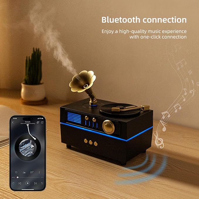 Daroma Essential Oil Diffuser, Retro Phonograph Design with Music Player, 7-Color LED Lights, Low-Noise Aromatherapy Humidifier for Home Office, Unique Gift Idea (Black)