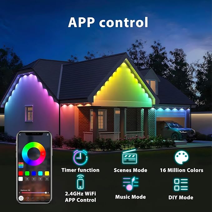 Permanent Outdoor Lights 50 FT Patio Lights,50ft RGB+IC Smart Outdoor Decor, 50 Scene Modes App/Remote Control, IP67 Waterproof for Christmas Holiday Party Decor for Garden House Roof Lighting