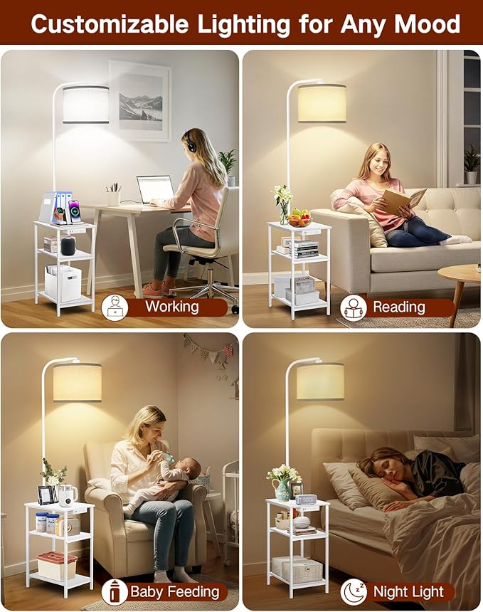 Floor Lamp with Table & Remote, Side End Table with Charging Station, Dimmable Nightstand with 3 Color Temperatures, 1-Hour Timer, 12W LED Bulb, for Living Room, Bedroom(White)