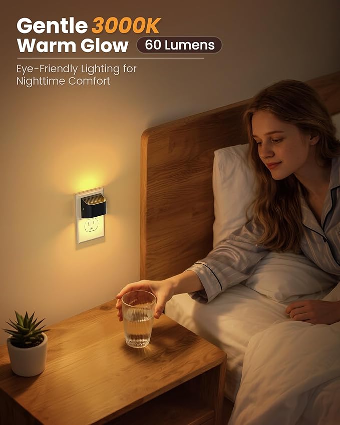 NIORSUN Night Lights Plug Into Wall, Auto Brightness Sensor Night Light, 3000K Warm White, Ultra-Slim Wall Light for Hallway Bathroom Bedroom Stairs, Black, 6 Pack