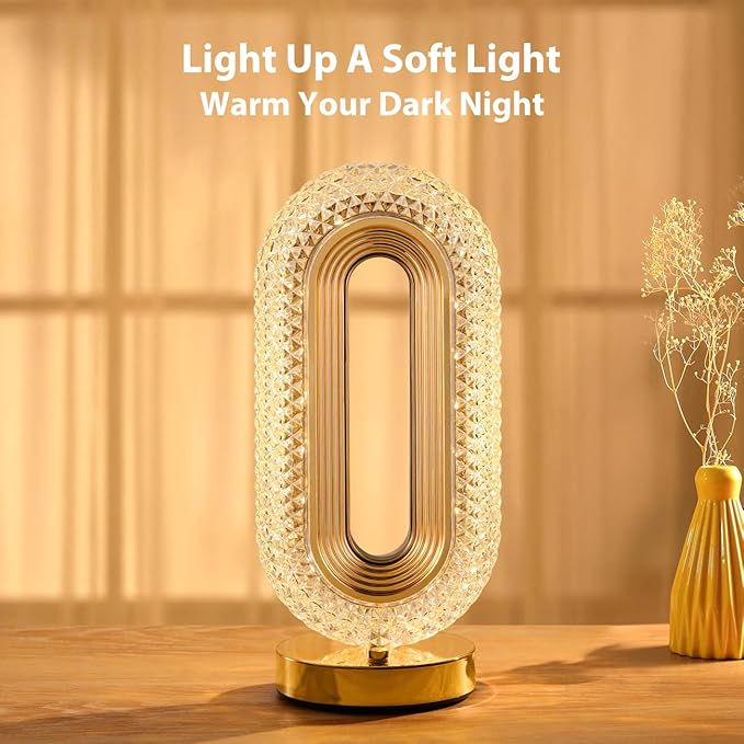 Lewondr Bedside Table Lamp for Bedroom, 3 Color Dimmable Night Light with USB Port, Rechargeable Touch Lamps, Crystal Modern Oval Light Nightstand Desk Lamp for Dorm Living Room Office