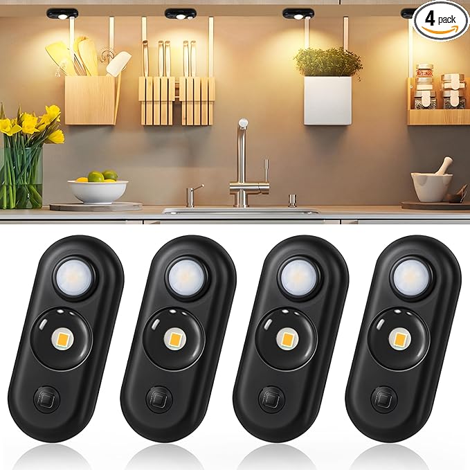 LED Motion Sensor Puck Lights, Rechargeable Under Cabinet Lighting, Dimmable Closet Lights, Magnetic Night Light, Wireless Under Counter Lights for Kitchen, Stairs, Hallway, Warm White, 4Pack, Black
