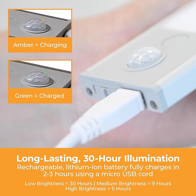 PureOptics LED Rechargeable Under Cabinet Lighting, Motion Sensor On/Off, Warm White LED, Stick-On Install for Kitchen & Closets - 2 Bars