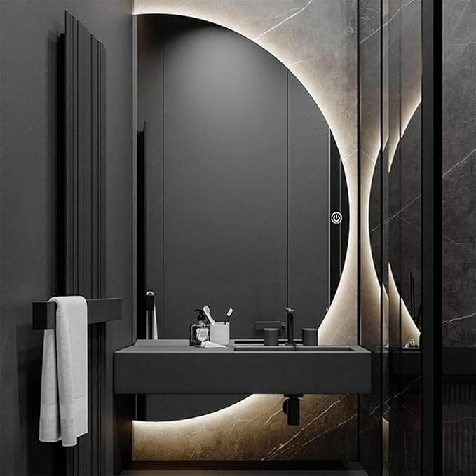 Half Moon LED Bathroom Mirror -Half Moon Mirrors for Wall,Frameless Backlit Smart Vanity Mirrors.3-Color Dimmable,Anti-Fog (Right Semicircle, 20 * 39in/50 * 100cm)