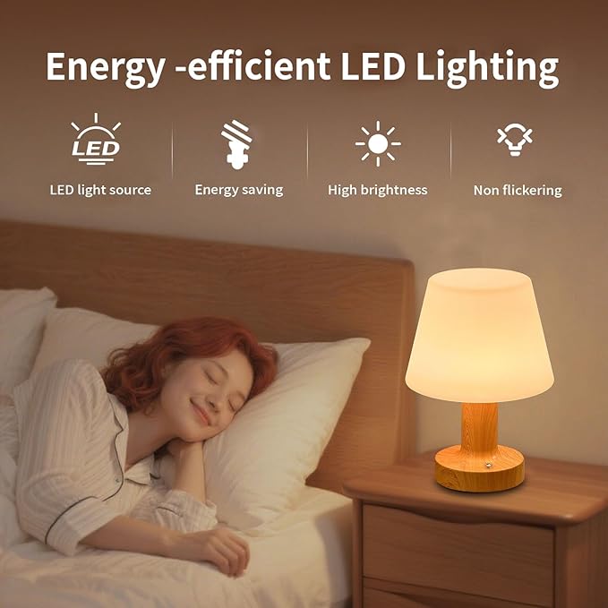 Operated Table Lamp 3000mAh Cordless Rechargeable, Touch Dimmable Desk Lamp, LED Night Light for Patio Camping Restaurant Home, H8.7in, Wood Grain