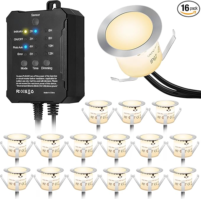 Recessed Deck Stair Lighting with Timer Photocell Sensor Transformer, Dimmable, Low Voltage LED Step Riser Lights IP67 Waterproof φ1.26 12V Warm White Patio Kit Decorations, 16 Pack