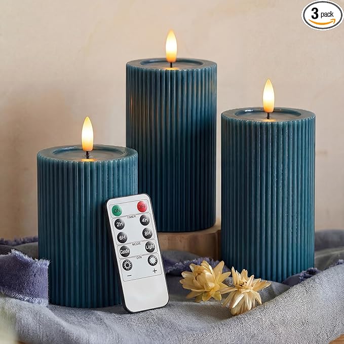 WYZworks Fluted Ribbed LED Pillar Candles, Blue, with Realistic Reflective Melted-Wax Effect – Flickering Flame, Remote, Dimmable, Flameless, Battery Operated, Home & Wedding Decor (Set of 3)