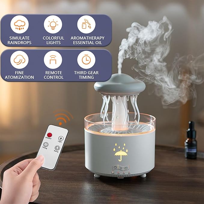 Rain Cloud Humidifier Water Drip, 300ML Rotating Jellyfish Aroma Diffuser with Remote &Timer, 7 Colors Mood Light Air Humidifier Raindrop Humidifiers for Bedroom Desk Funny Gift (White)