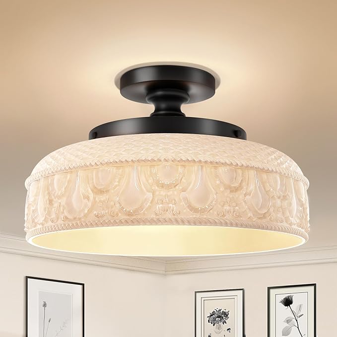 Lamomo Semi Flush Mount Ceiling Light,White Glass Shade Black Hallway Light Fixture,3-Bulb Globe Glass Close to Ceiling Scone,Indoor Hanging Light for Bedroom Kitchen Porch Hallway,Bulbs Not Included