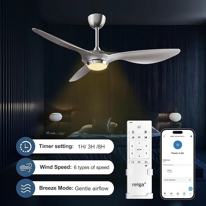 reiga 52 Inch Modern Smart Wifi Ceiling Fan with Light and Remote Control, Living Room Bedroom patio 3 Blade Ceiling Fans with Reversible Mute DC Moto