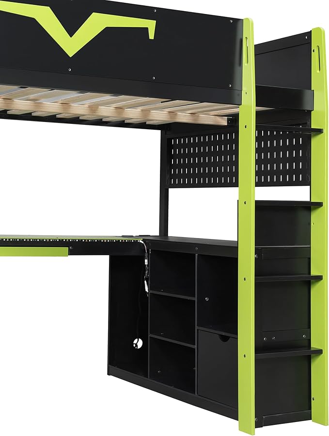 Full Size Gaming Loft Bed with Integrated Desk & RGB LED Lights,Bunk Bed with Power Outlet, Large Bookshelf, Pegboard, Keyboard Tray & Drawer (Green-Bo, Full)