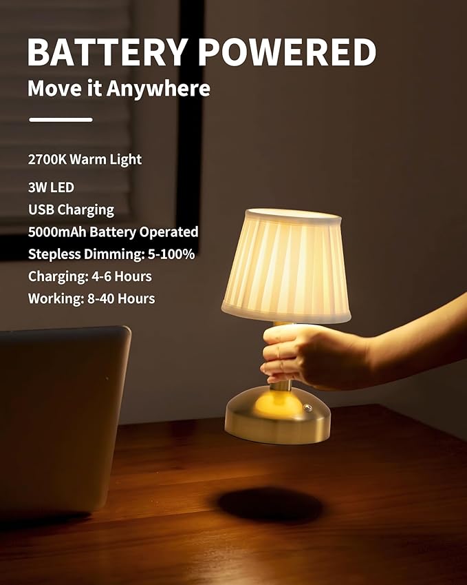 KDG Modern Cordless Small Table Lamp, Portable LED Fabric Shade Desk Lamps, 5000mAh Rechargeable Battery Operated Lighting for Bedroom, Bedside, Bar, Living Room, Dining Room, Night Light(Gold)