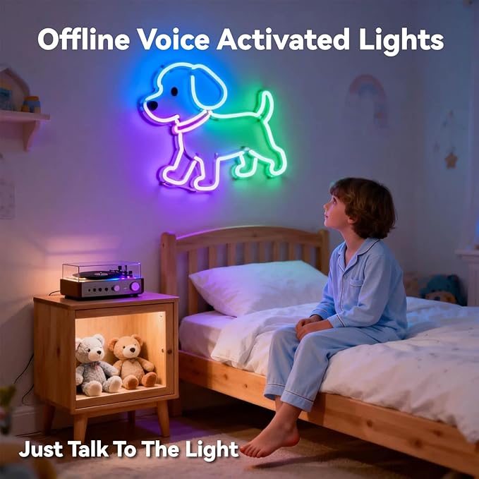 AI Smart Neon Lights RGB+IC,Voice Activated Multicolors Kids Room Light No App/No WiFi Required, Music Sync Dimmable Color Changing Light 16.4ft 25 Commands USB Powered for Bedroom Party