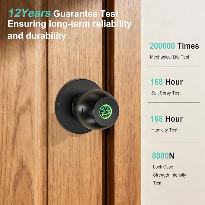 52HZ Fingerprint Door Knob with Lock, 3 in 1 Smart Finger Print Door Lock, Auto Lock, Tuya App Control & Key, Biometric Thumbprint Door Locks for Bedroom, Garage, Home & Office, Matte Black