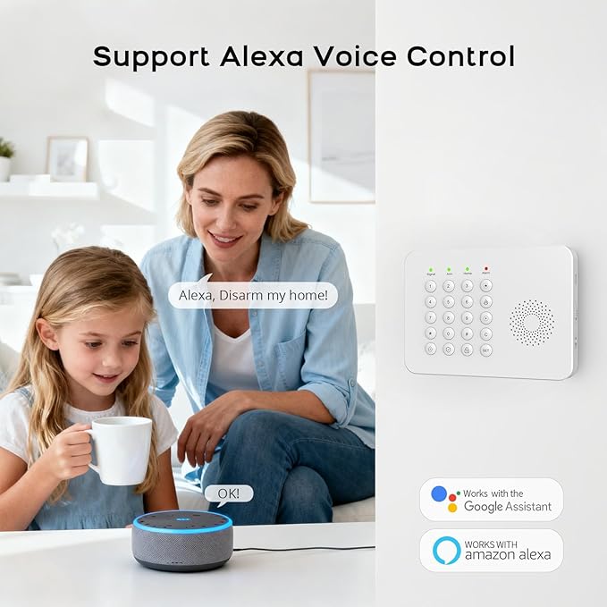 LWOHSI Home Security Systems,Wireless DIY Burglar Alarm Kits,Smart Home Alarm System with Window/Door Sensor,PIR Motion Detector,Voice Control with Alexa and Google,4G SMS/Tuya App Alerts (A02F-US-C)
