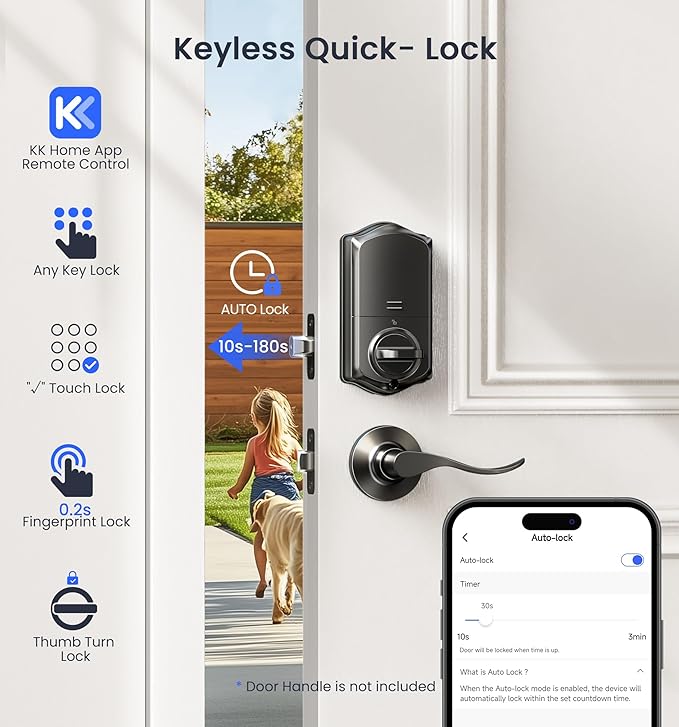 Veise VE017G Wi-Fi Keyless Entry Door Lock, App Remote & Voice Control, Fingerprint Smart Locks for Front Door, Touchscreen Electronic Keypad Deadbolt, Auto Lock, Emergency Power Port, Matte Black
