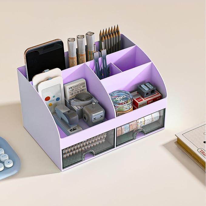 Desk Organizer with 6 Compartments and 2 Drawers, Plastic Makeup Organizer, Pen Holder for Desktop Storage, Desk Organization for School, Home, Office Supplies (Purple)
