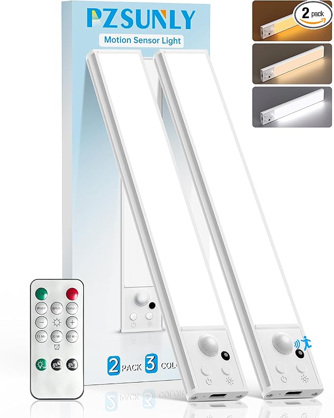 Under Cabinet Lighting Wireless,Rechargeable Motion Sensor Light Indoor,3Color Dimmable Closet Light Battery Operated with Remote Control, Magnetic Under Counter Lights for Kitchen 2Pack